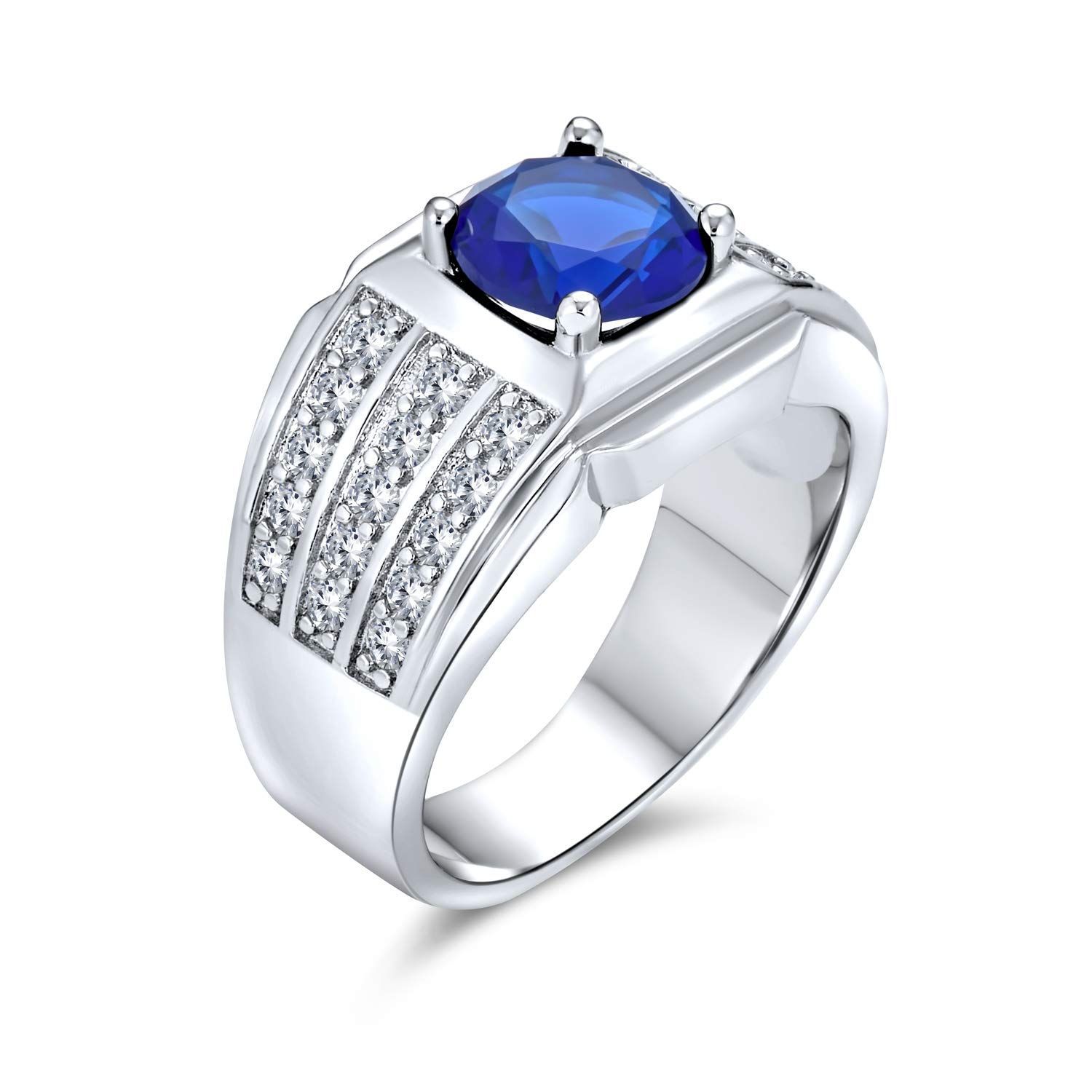 [Bling Jewelry] 宝石 AAA の立方体のジルコニア 3 列の舗装の広い側面バンドによって模倣される青いサファイア 3CT AAA CZ のソリティアの声明人の婚約指輪の銀によってめっきされるカスタマイズ