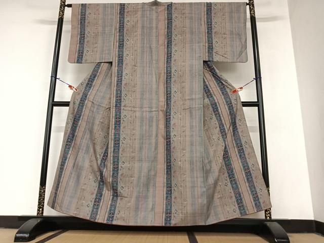 平和屋着物●小千谷紬　花唐草間道　正絹　逸品　AABA0242zg 平和屋着物○小千谷紬 花唐草間道 正絹 逸品 AABA0242zg 平和屋着物