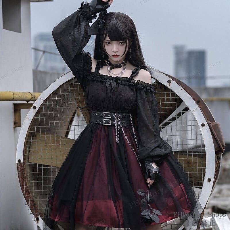 今年も大人気！ ロリータ ゴスロリ ゴシック 暗黒系 ワンピース Aライン Lolita オフショルダー レディース コスチューム クラロリ 衣装 かわいい フリル パーティ イベント コスチューム 仮装 ハロウィン 学園祭 文化祭