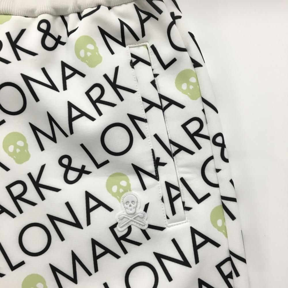 人気の 価格 マークアンドロナ スカート 白×黒 斜めロゴ総柄 スカル ウエストゴム レディース 38 M ゴルフウェア モデル MARK＆LONA