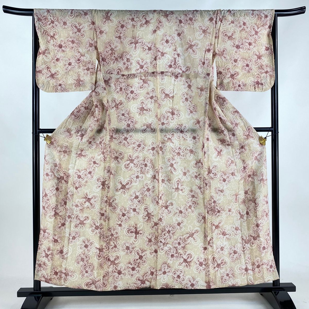 浴衣 身丈155cm 裄丈65.5cm M 絞り浴衣 花 薄茶色 綿 名品