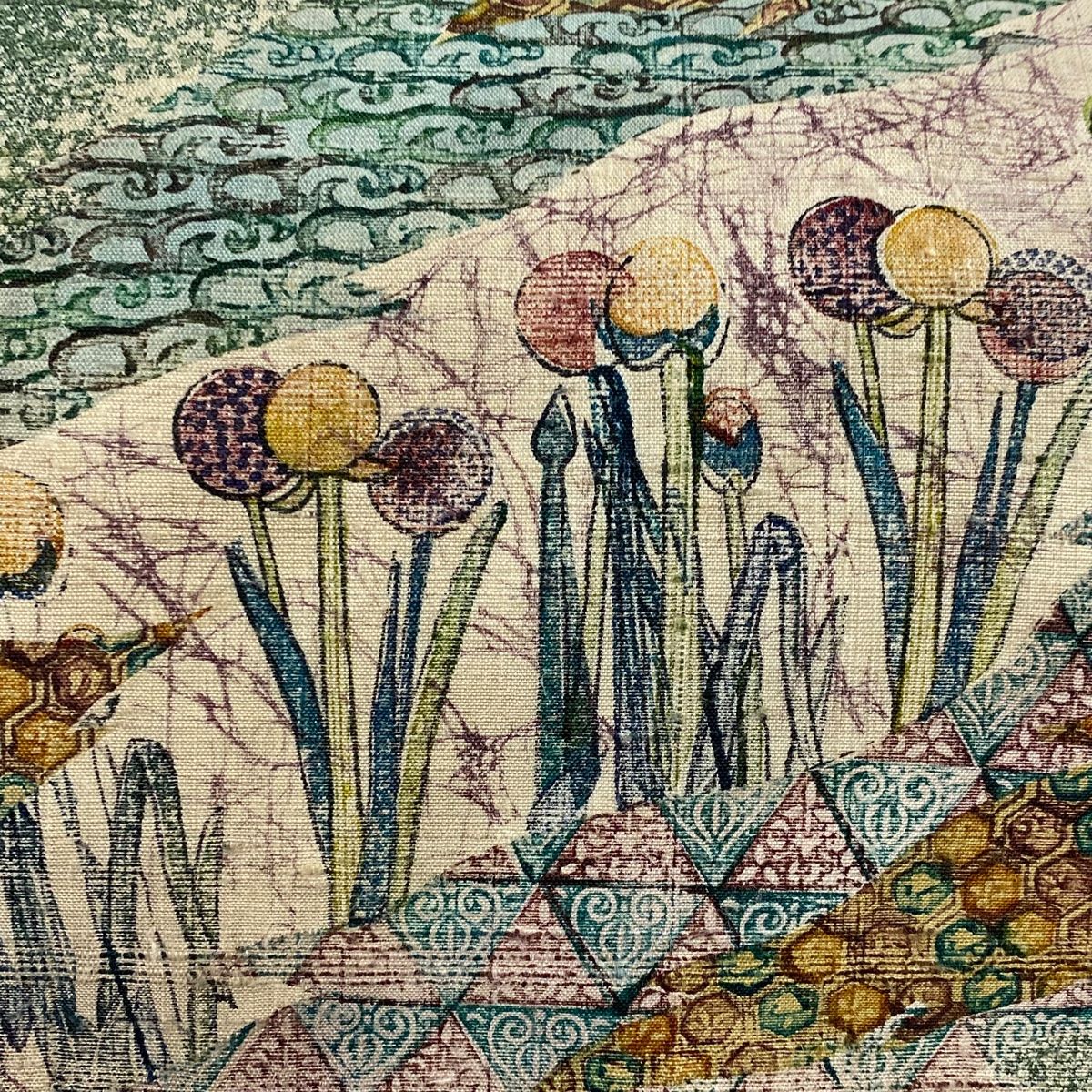 名古屋帯 秀品 紬地 草花 亀甲 緑 正絹