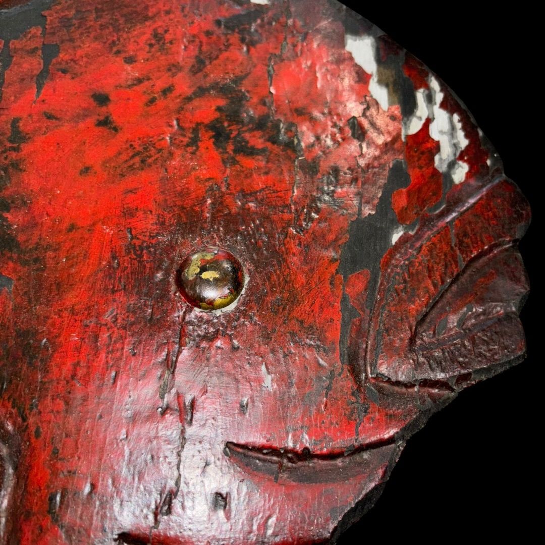 朱塗魚型 時代呼び板 木鐸 李朝 木彫 壁掛 置物 自在鉤 木 彫