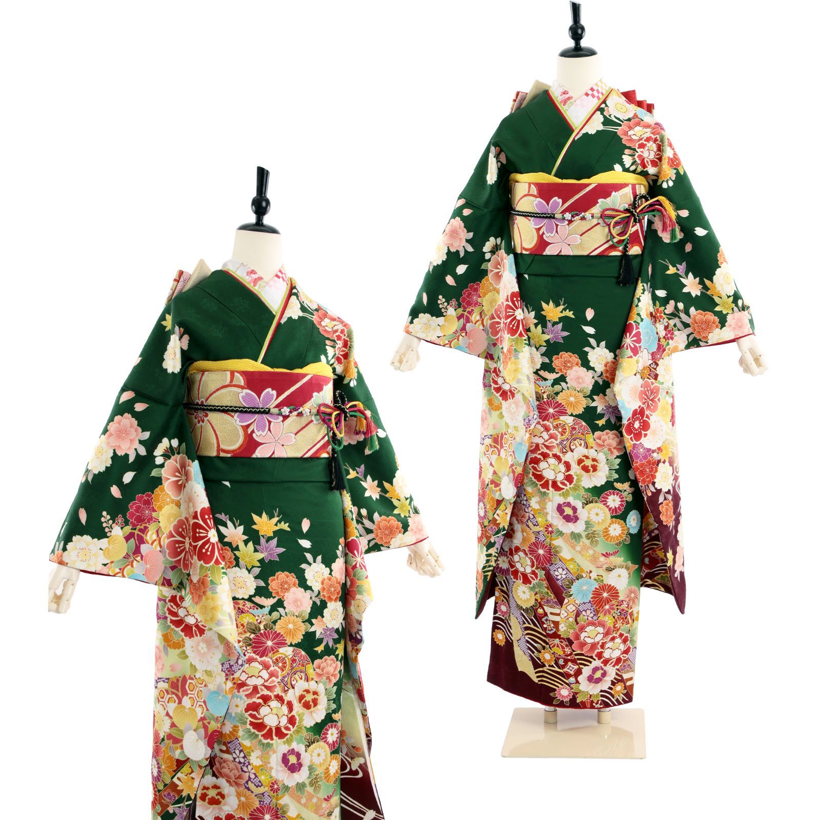 振袖 振袖フルセット 振袖セット USED振袖 中古 緑 古典柄 鞠 熨斗 7点