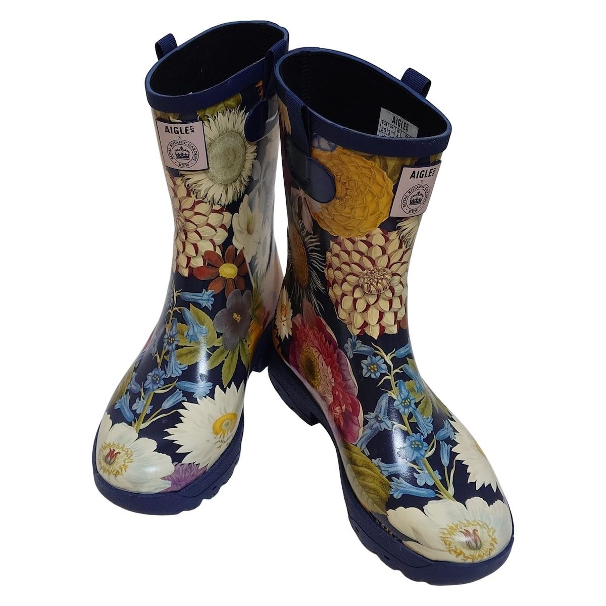 AIGLE エーグル レインブーツ 36 レディース - ネイビー×アイボリー×マルチ 花柄