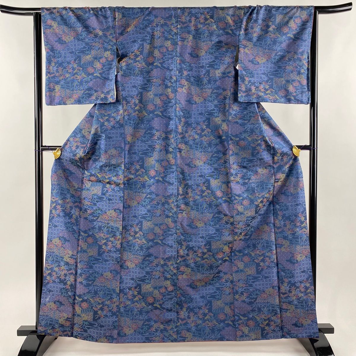 紬 身丈162cm 裄丈65.5cm M 袷 縞 段縞 青 正絹 美品 名品 【中古  