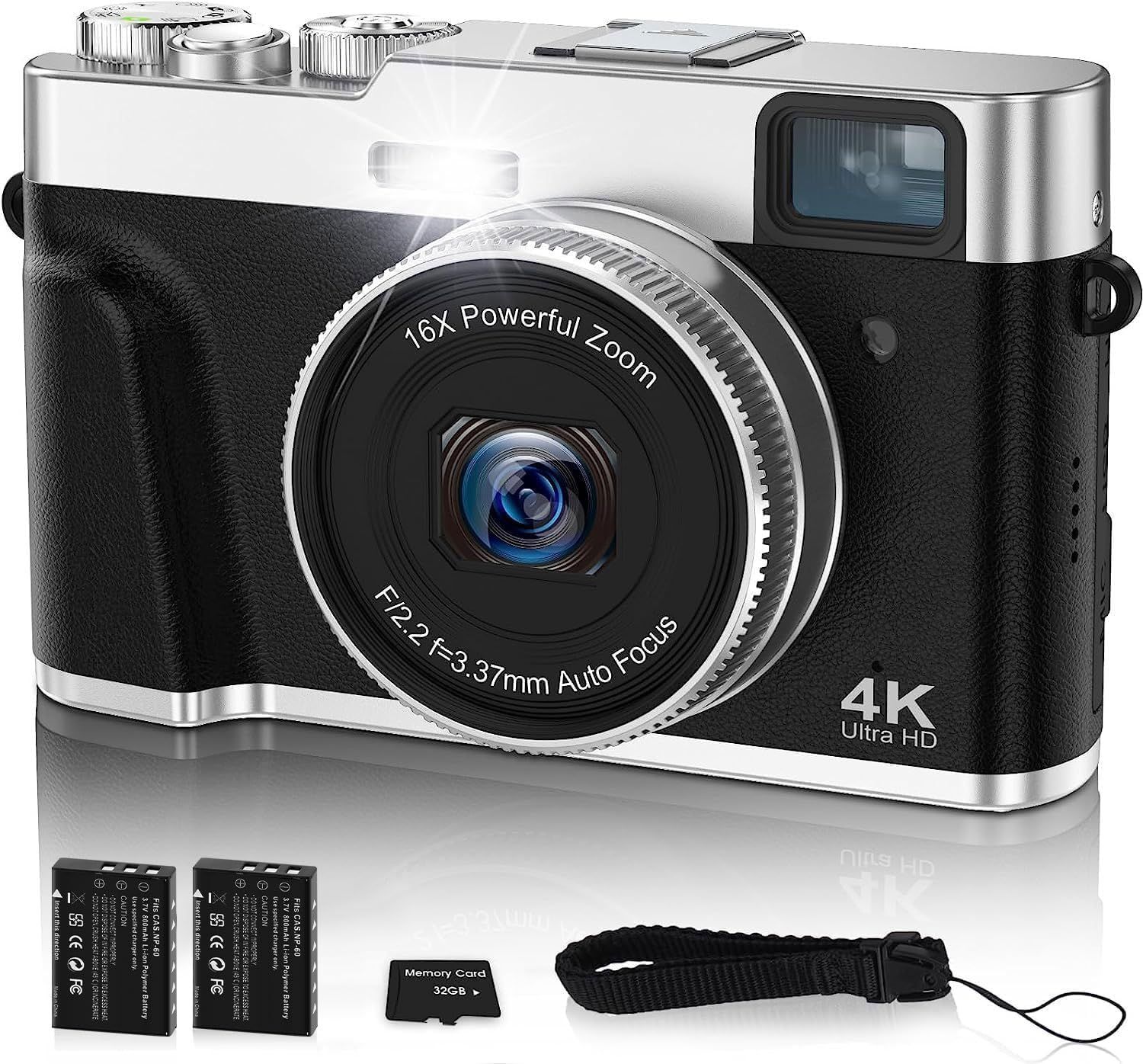 Oiadek 4Kデジタルカメラ オートフォーカス 48MP Vlogカメラ デジカメ 手振れ補正 光学ファインダー モードダイヤル 16倍ズーム LEDライト デジタル一眼レフ コンパクト 32GBカード付属 バッテリー2