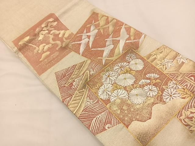 平和屋着物◎太鼓柄袋帯 駒刺繍 色紙飛鶴花文 金銀彩 正絹 逸品