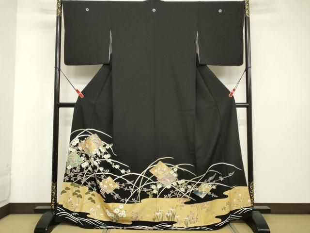 黒留袖 草花文　金彩　絹 平和屋着物□豪華黒留袖 草花菱文 金彩 正絹 逸品 DAAT8995zy