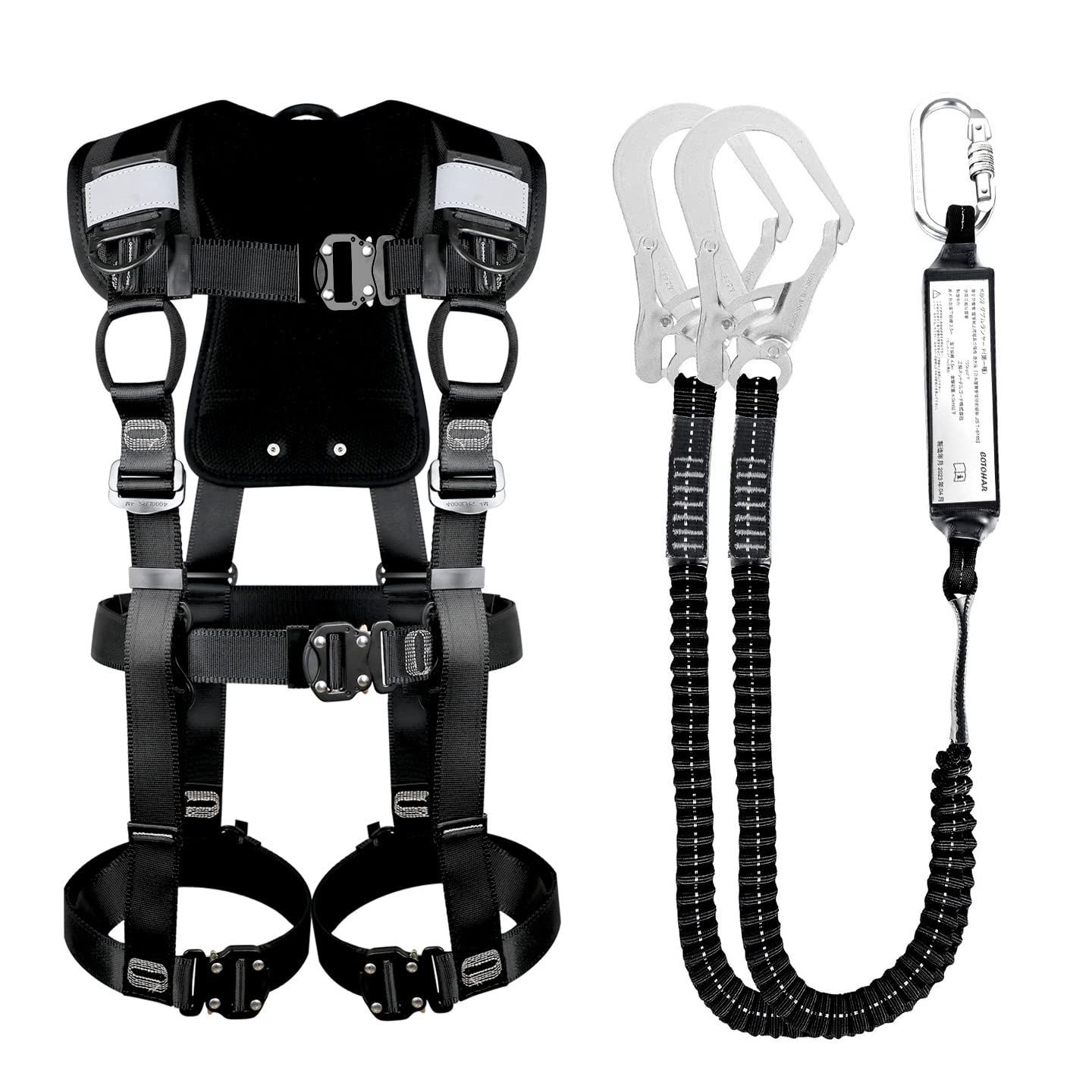 Cotohar フルハーネス安全帯 墜落制止用器具 新規格適合 特製軽量バージョン ハーネス安全帯 2丁掛け 簡単に着脱 新規格 セット 安全帯セット 伸縮式ダブルランヤード付き 柱上作業 建設工事 電力工事の外壁洗浄などの一般高所作業 日本語