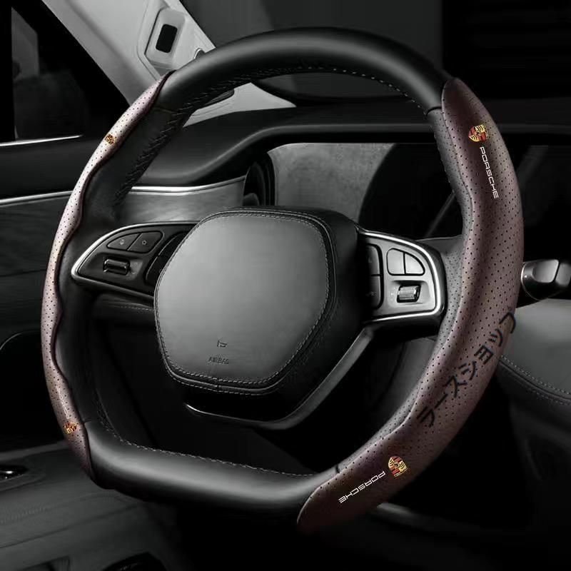 ポルシェ PORSCHEモカブラウンハンドルカバー ハンドル保護 専車ロゴ ステアリングカバー レザー 滑り止め D型 O型 分割 タイプ 2本セット 新品未使用