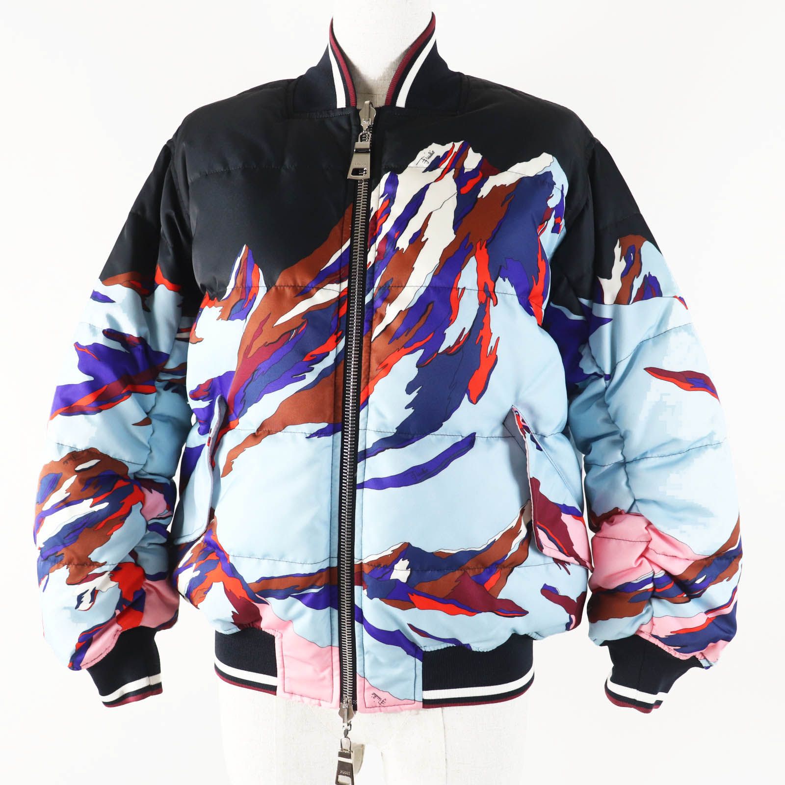 ◎Emilio Pucci エミリオプッチ リバーシブル ボンバー ダウンジャケット 総柄 ライトブルー マルチ ピンク 38 イタリア製 レディース