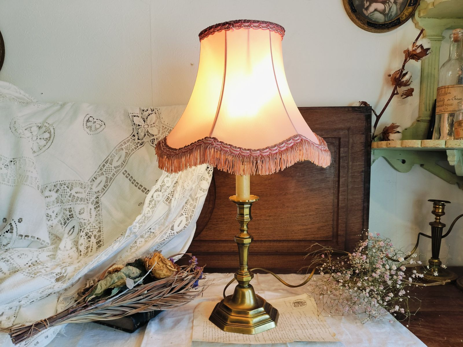 フランス アンティーク 素敵な 青銅 布シェード 卓上ランプ 照明