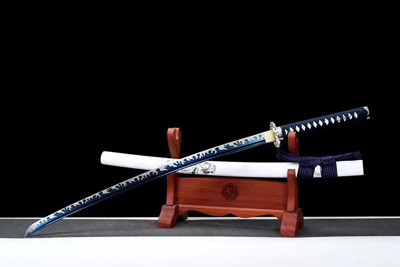 藍焔刀 全長103cm ｜高マンガン鋼鍛造 焔色焼き入れ｜研白双線刃文 美術刀 刀装具 模擬刀 日本刀 模造刀 鑑賞用 OSPLAY 装飾用” 非実戦