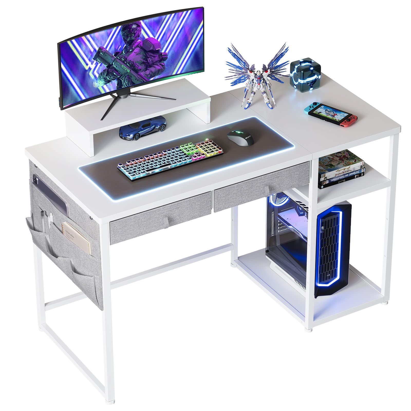 【人気商品】オフィスデスク ゲームデスク desk desk ゲーミングでデスク 引き出し2杯付き gaming 子 3段階モニター台付き 学習デスク シェルフ幅120cm×奥行55cm  勉強机 学習机リモートデスクデス