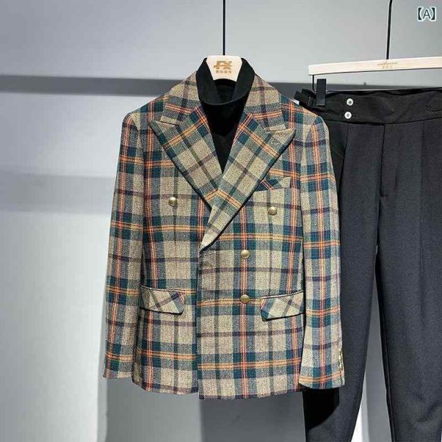 [2XL]メンズ ファッション 服 用 オシャレ シンプル 大人 かっこいい 大きいサイズ ストリート 紳士服 韓国スタイル チェック柄 ストライプ スーツ ジャケット ダブルブレスト スーツ トップ