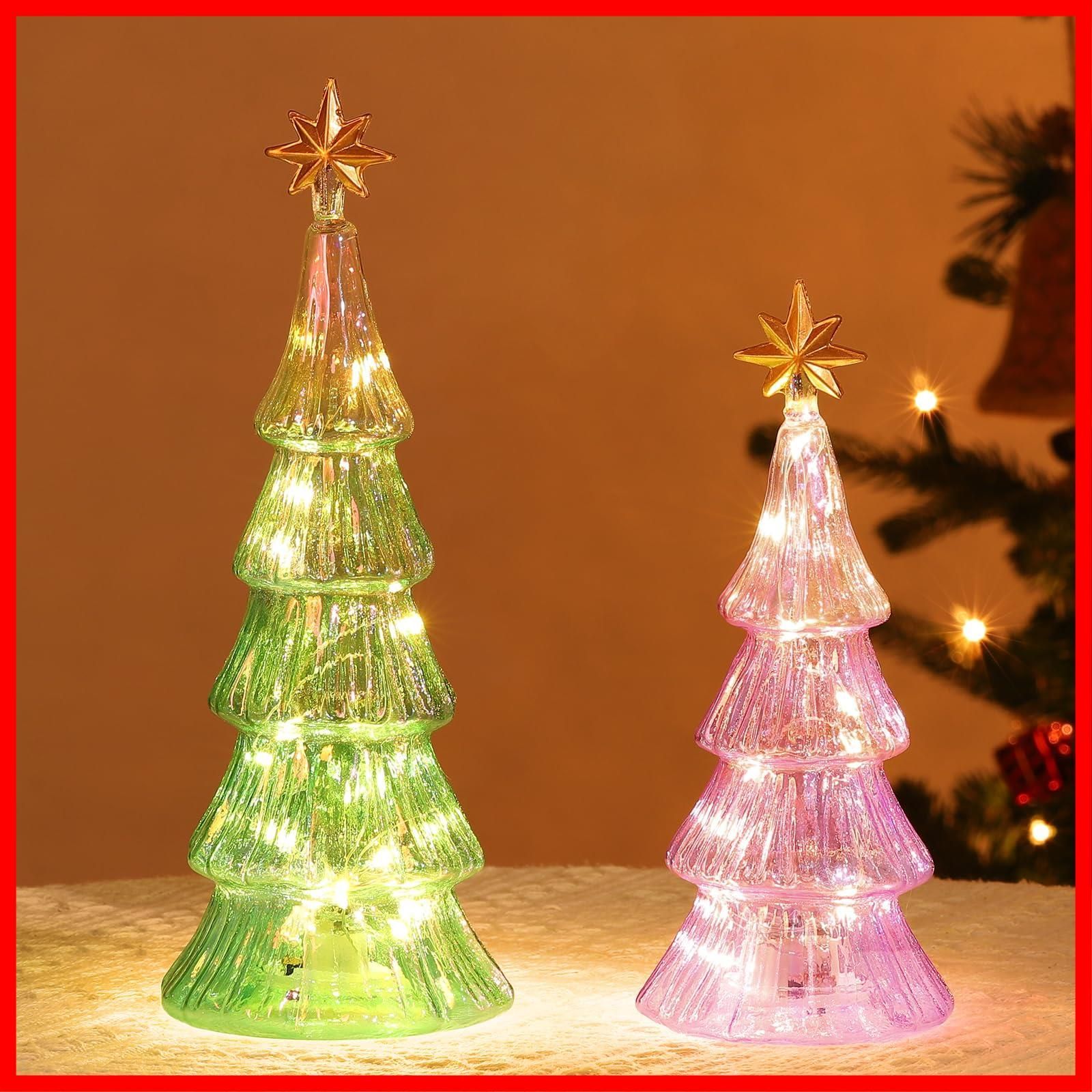 2点セット クリスマスツリー 卓上 小型クリスマスツリー 置物飾り クリスマス飾り マーキュリー仕上げ ガラス製 クリスマスツリーオブジェ Lewondr LEDライト内蔵 電池式 部屋飾り インテリア 