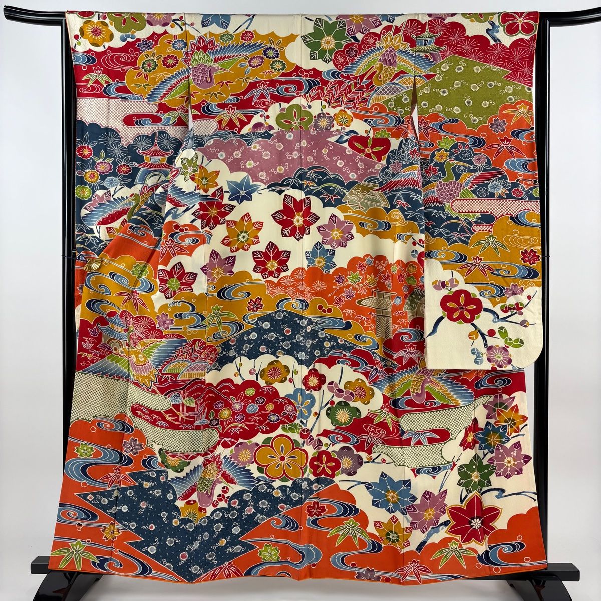 振袖 身丈159.5cm 裄丈64cm M 袷 ヱ霞 鶴 縮緬 クリーム 正絹 名品