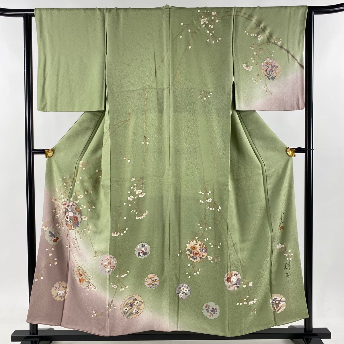 ［5837］訪問着 美品 草花文様 金彩 正絹 着物 袷 訪問着 名品 落款 草花 金彩 青緑 袷 身丈155cm 裄丈64cm M 正絹 【