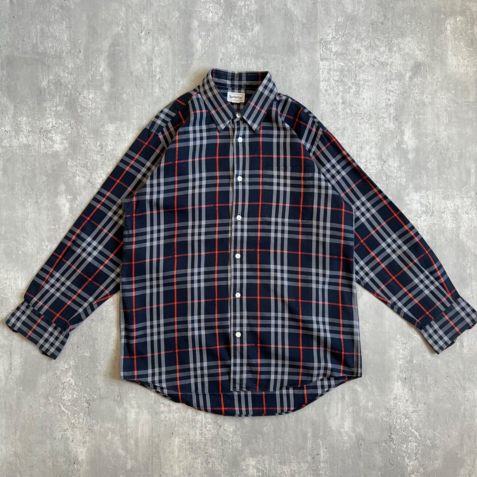 90s Burberry s バーバリーズ シャドウホース総柄 バーバリーチェックシャツ Navy × Orange LサイズWJO48-141