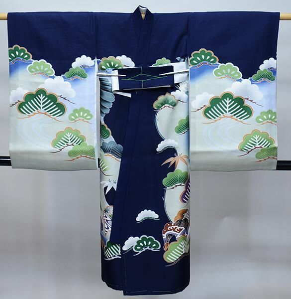 お宮参り産着 のしめ 男児 正絹 羽二重 金刺繍 濃紺色 鷹 NO38497