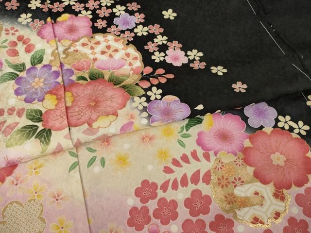 平和屋着物○豪華振袖 辻が花 雪輪花文 暈し染め 黒地 金彩 仮