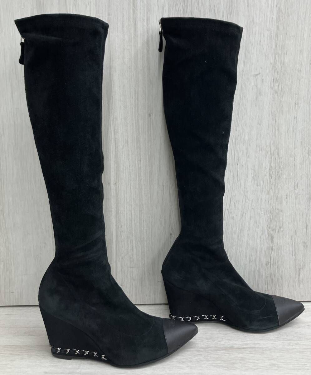 CHANEL シャネル ロングブーツ スエード ウェッジヒール 黒 ブラック レディース サイズ36 1|2 NICORILABO_COM