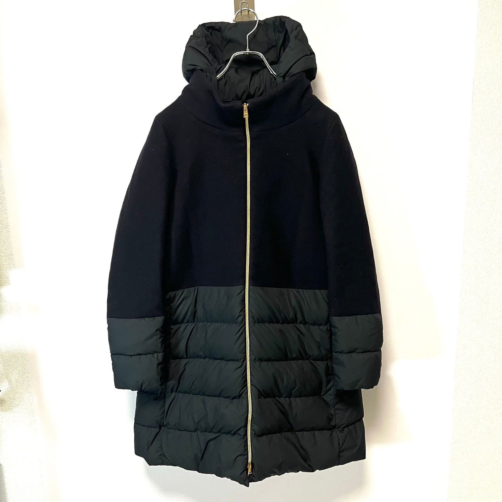 HERNO ヘルノ ダウンコート ウール切替 フェザー ブラック フード