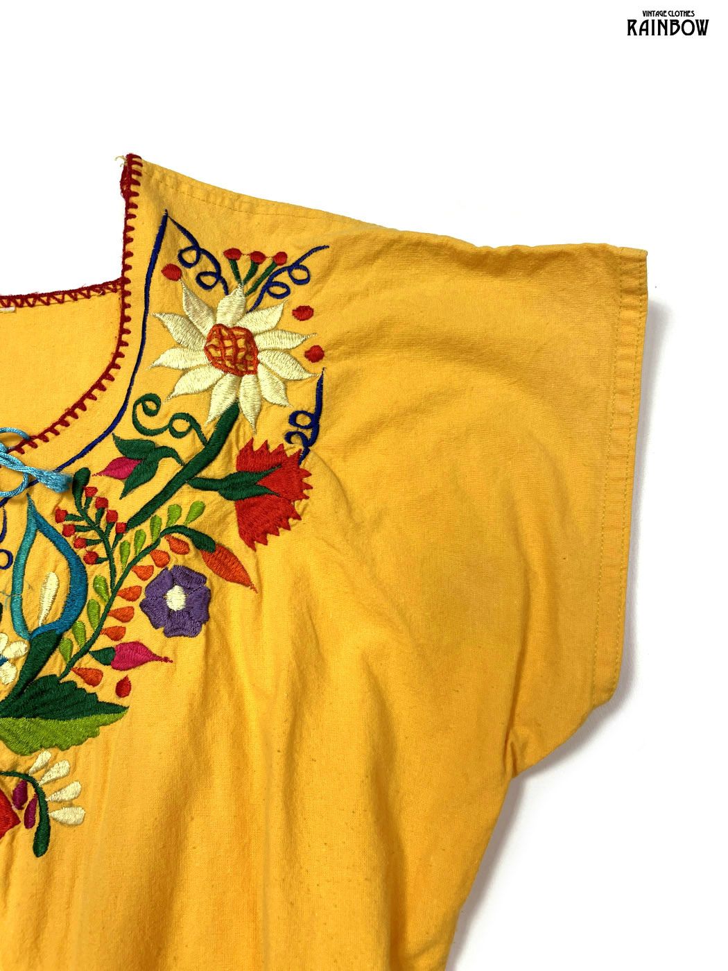メキシコ 花柄刺繍 マキシ丈 コットン チュニック ワンピース 古着 