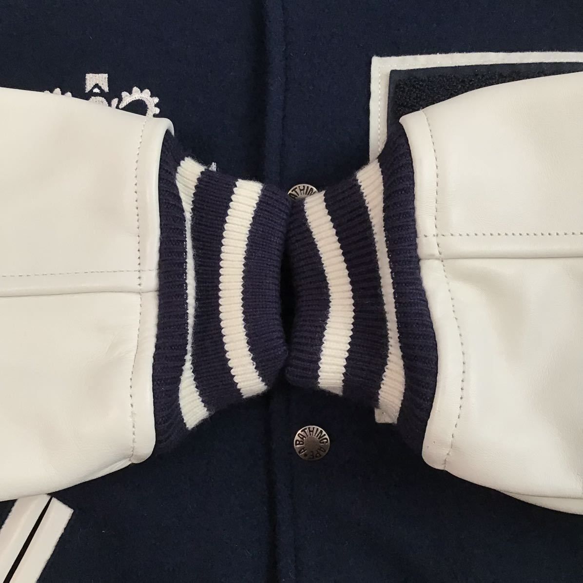 袖レザー BAPE LOGO スタジャン ネイビー Sサイズ a bathing ape