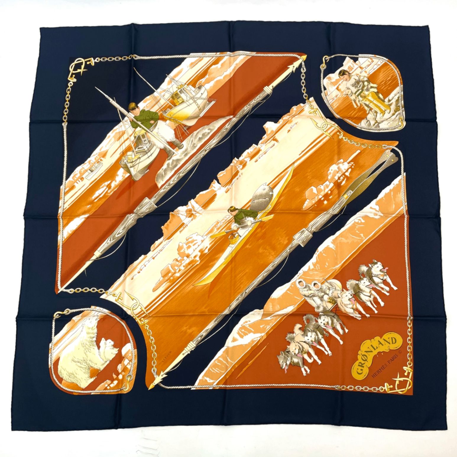 お値下げ◆HERMES スカーフ カレ90 グリーンランド 犬ぞり イヌイット 極美品 HERMES エルメス カレ90 1982年 GRONLAND グリーンランド