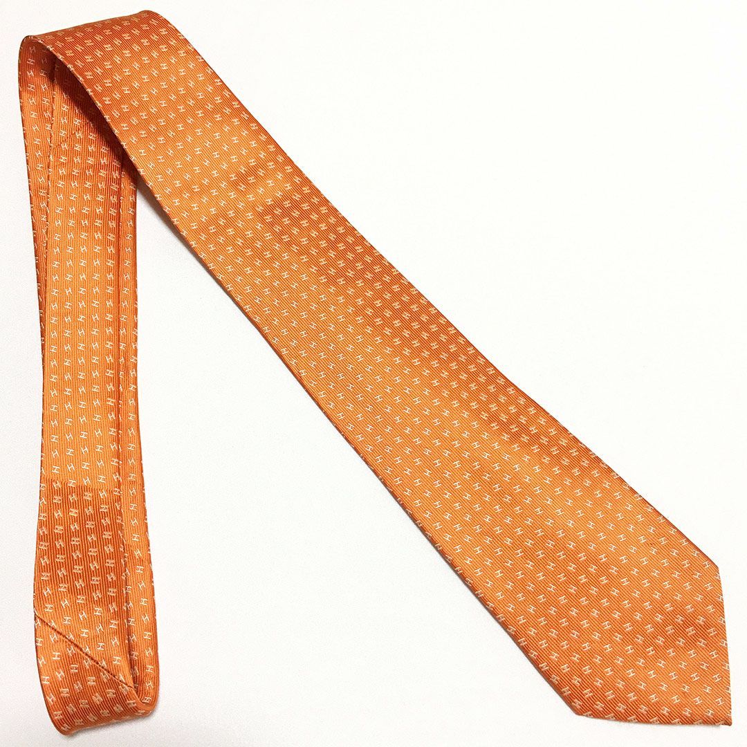 デッド 未使用 HERMES エルメス オレンジH柄 ネクタイ