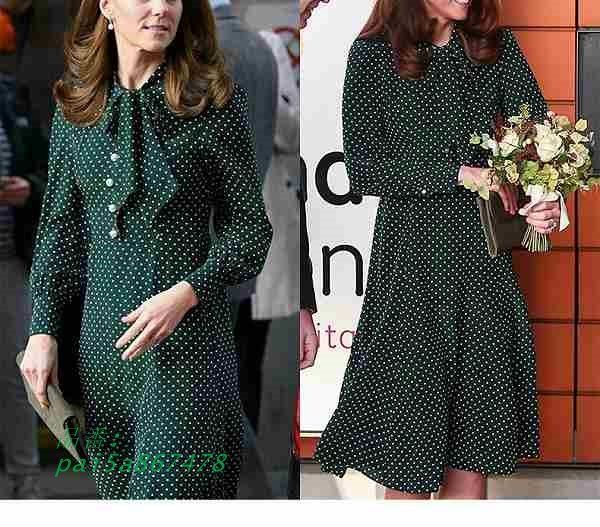 ドット柄ワンピース グリーン系 ひざ下丈 上品 りぼんタイ 長袖 通勤通学20代30代40代50代60代 大きいサイズ有 SからXXL pai5a867478