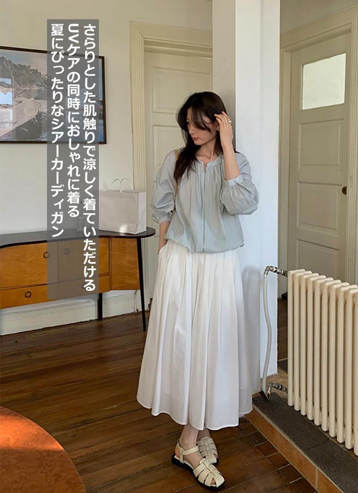  ジャケット レディース 冷房対策 シアー ゆったり 羽織 日焼け対策 シアートップス UV対策 長袖 ラウンドネック トップス ミドル丈 ジッパー 涼しい 体型カバー カットソー レイヤード アウター 重ね着 バルーン袖 透け感 hanxun 01 長袖 Tシャツ カットソー