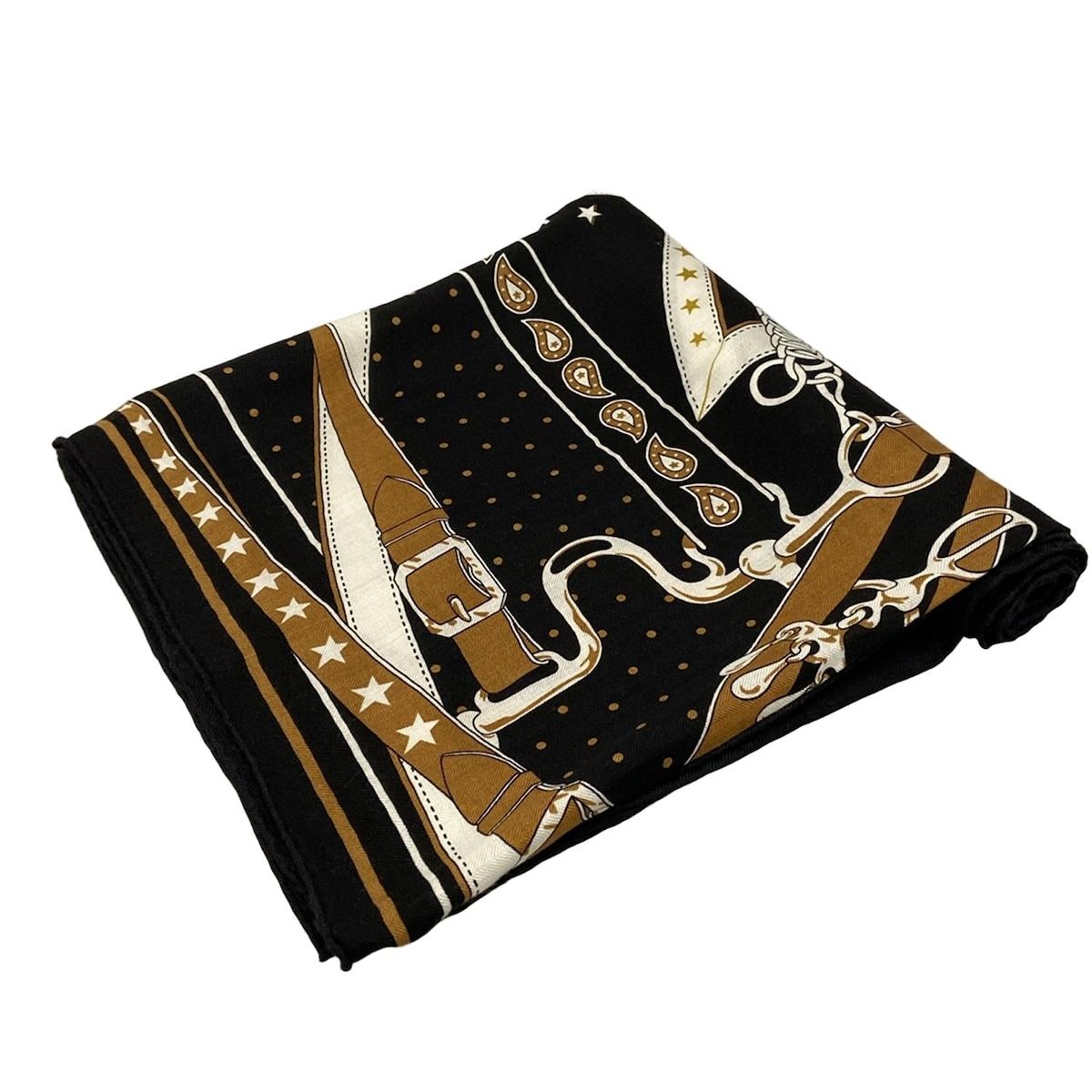 HERMES エルメス ストール ショール カレジェアン|カレ140 黒×ブラウン×白 LA PROMENADE DU MATIN カシミヤ シルク