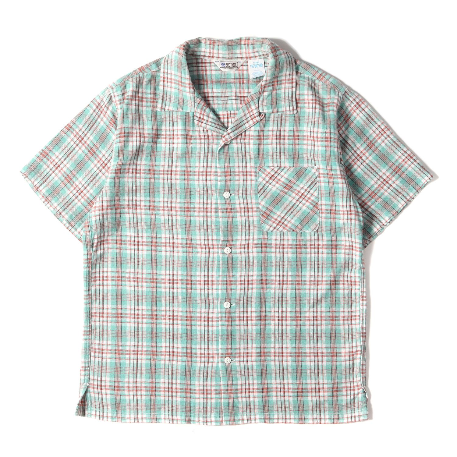 FIVE BROTHER ファイブブラザー シャツ サイズ:L オープンカラー チェック 半袖 フランネル シャツ LIGHT FLANNEL S/S ONE-UP SHIRT ターコイズ レッド トップス カジュアルシャツ アメカジ ブランド