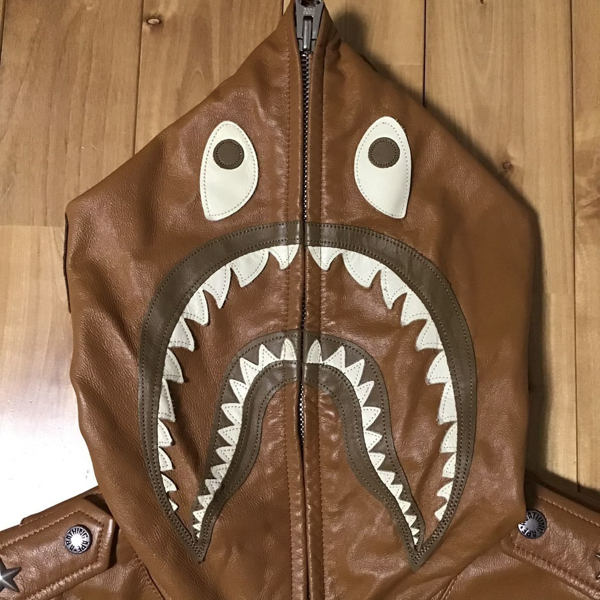 leather shark varsity jacket hoodie レザー着丈73cmx身幅56cm ...