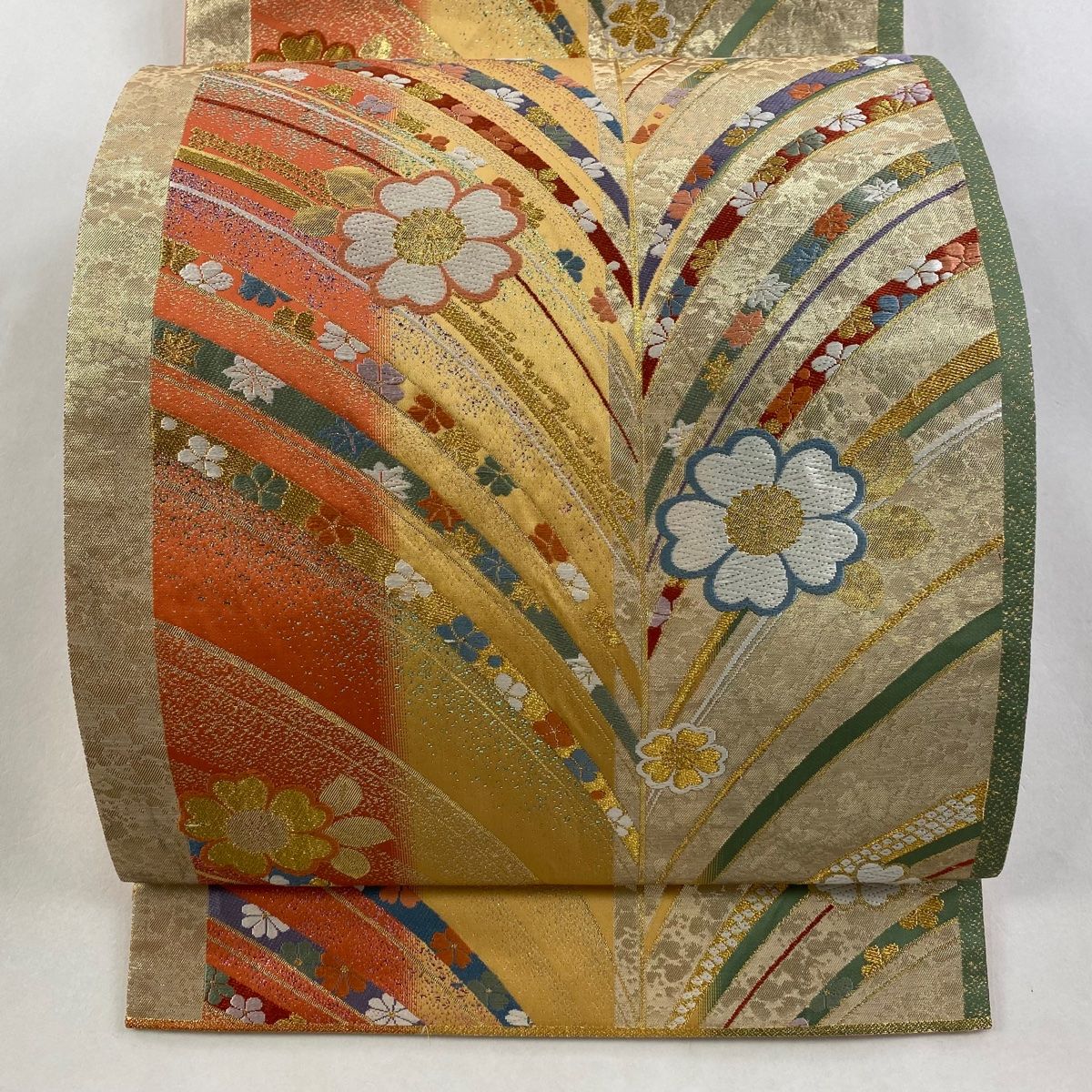 袋帯 秀品 関西仕立て 草花 金糸 唐織 黄土色 六通 正絹