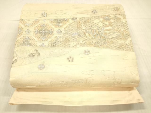 平和屋着物○塩瀬 九寸名古屋帯 枝葉舞蝶飛鳥文 金銀彩 正絹 逸品