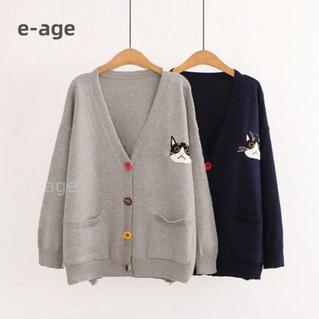 胸猫刺繍カーディガン レディース ニットカーディガン 猫柄 刺繍
