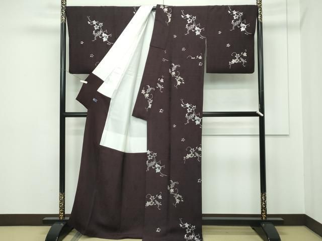 平和屋本店■極上　小紋　ペイズリー更紗葡萄蔦の葉文　銀彩　黒鳶色地　逸品　CZAA2217s5 平和屋本店□極上 小紋 ペイズリー更紗葡萄蔦の葉文 銀彩 黒鳶色地