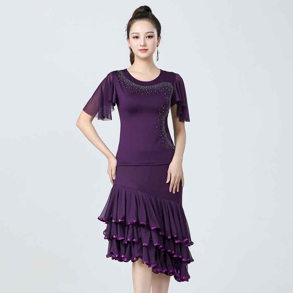ハロウィン 社交ダンス ドレス 短袖 トップス スカート ２点セット モダンダンス衣装 競技用　舞台用　ブラック ネイビー パープル レッド
