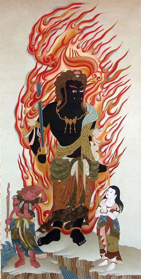 不動明王　仏　絵画　原画　アート　インテリア　かっこいい　かわいい　魔除け　縁起 不動明王 青不動 迦楼羅炎 赤色 不動心 オリジナル イラスト A4