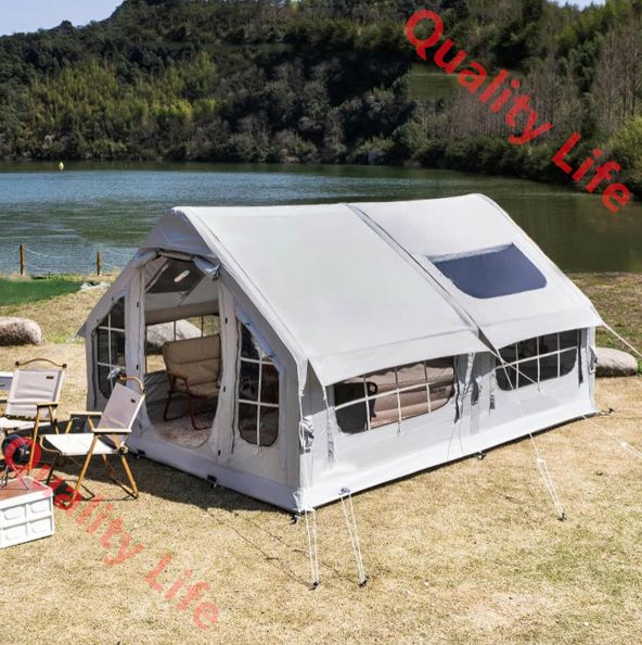 エアーテント 大型 6～8人用 インフレータブルテント 4シーズン グランピングテント 防水アウトドアオックスフォードテント キャビンテント 10平米 ファミリーエアテント 天窓付き 煙突穴付き ポンプ付き 通気防蚊虫 設営簡単