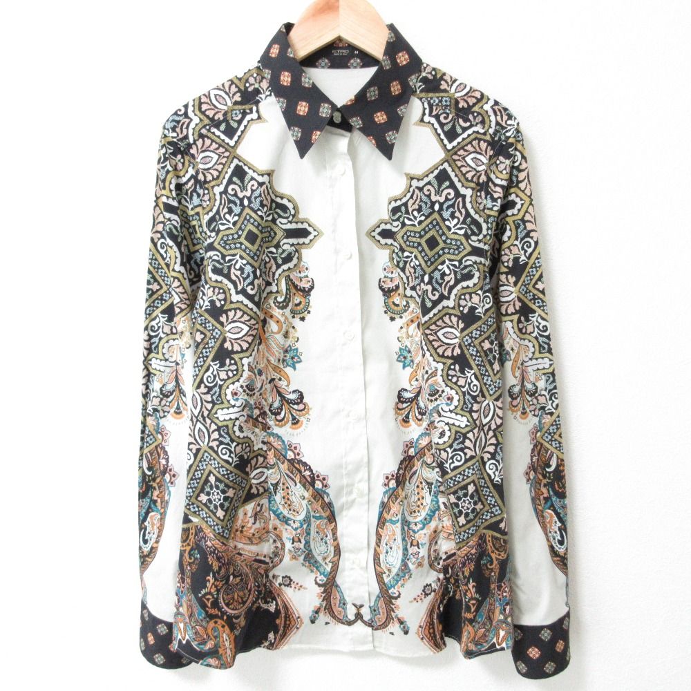 ETRO エトロ ペイズリープリント 長袖 ストレッチシャツ 44 ブラック×オフホワイト レディース 古着
