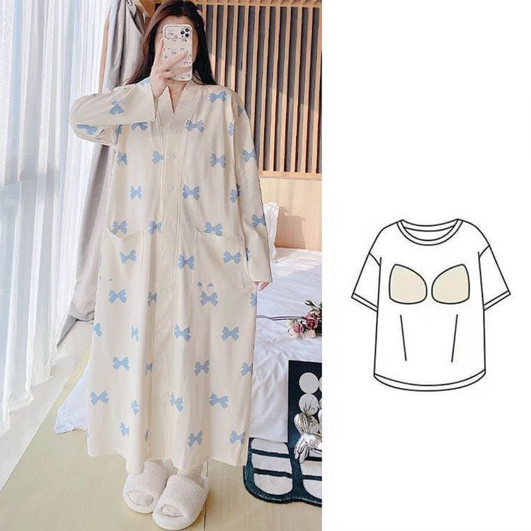 マタニティパジャマ 授乳対応 ♥ ロング丈 授乳服 パッド入り 授乳口付きパジャマ 長袖 前開き ポケットあり Vネック 薄手 ネグリジェ ワンピース 入院着 マタニティ 授乳 妊婦 ママ 妊娠 出産 入 kongban352