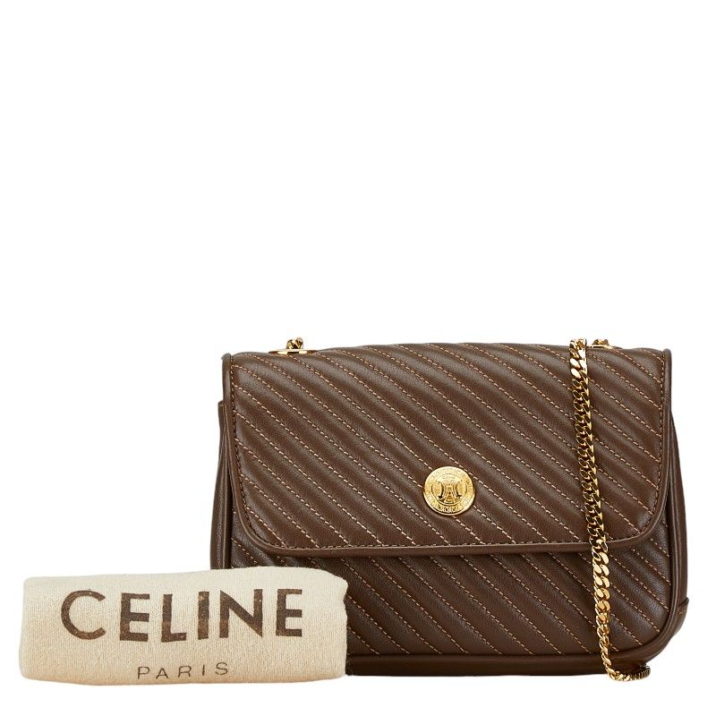 セリーヌ キルティング チェーン ショルダーバッグ ブラウン レザー レディース CELINE【228-69133】