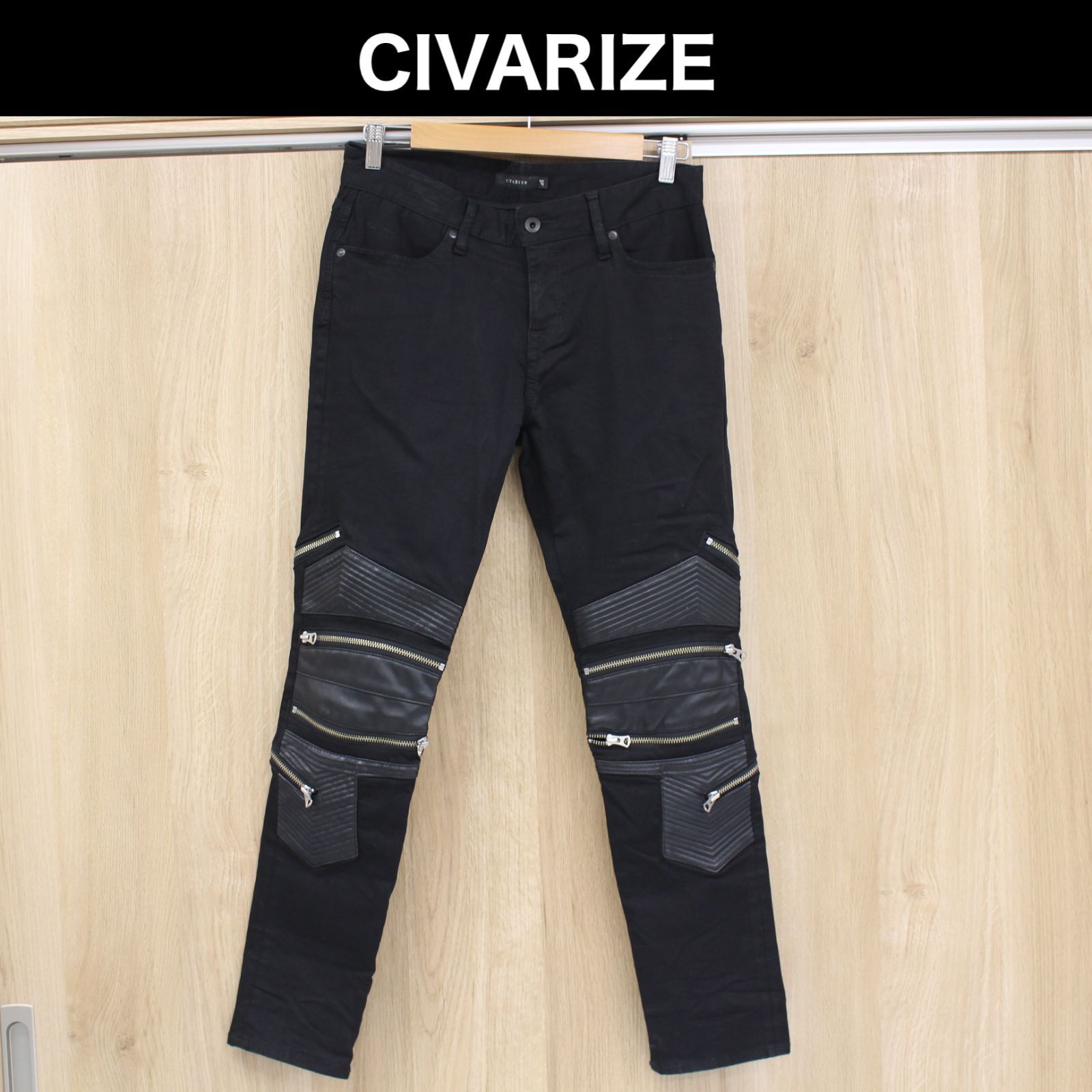 A767】CIVARIZE PUレザー切り替えバイカーZIPストレッチスキニー