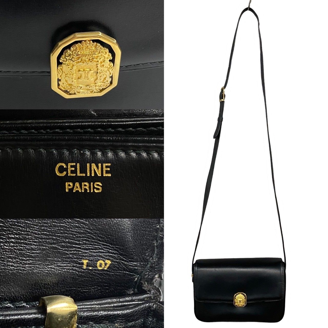 極 美品 希少品 CELINE セリーヌ ヴィンテージ トリオンフ 金具 カーフ レザー 本革 ショルダーバッグ ポシェット ブラック 21584 -  メルカリ