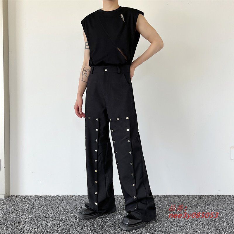 パンツ メンズ ロングパンツ チノパン カジュアルズボン ボタン ダンスウェア 黒 クール 発表会 ヒップホップ 舞台衣装 クラブ ワイド 公演 男子ボ nee3y085053